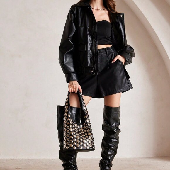 Women's Metal Stud contemporary black Bucket Bag - Picture 4 of 9